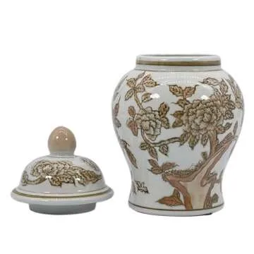 Galt International 8" Home Decor Ceramic Ginger Jar with Lid - Tea Storage, Decorative Centerpiece Accent Jar Jingdezhen Chinese Style Porcelain (Brown & White)