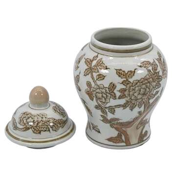 Galt International 8" Home Decor Ceramic Ginger Jar with Lid - Tea Storage, Decorative Centerpiece Accent Jar Jingdezhen Chinese Style Porcelain (Brown & White)
