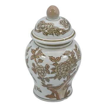 Galt International 8" Home Decor Ceramic Ginger Jar with Lid - Tea Storage, Decorative Centerpiece Accent Jar Jingdezhen Chinese Style Porcelain (Brown & White)