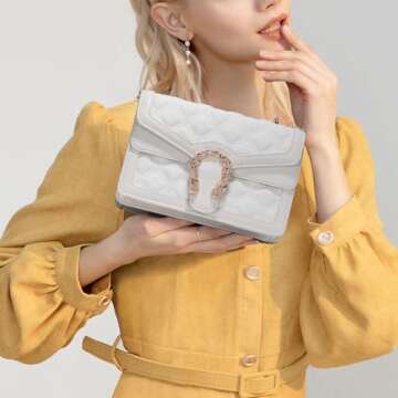 Aiqudou Quilted Crossbody Shoulder Bag for Women - Small Denim Chain Purse Leather Strap Fashion Casual Messenger Purse Bag(Mini White)