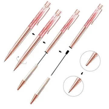 ZZTX 4 Pcs Rose Gold Ballpoint Pens Metal Pen Cute Bling Dynamic Liquid Sand Pen With Refills Black Ink Office Supplies Gift Pens For Christmas Wedding Birthday