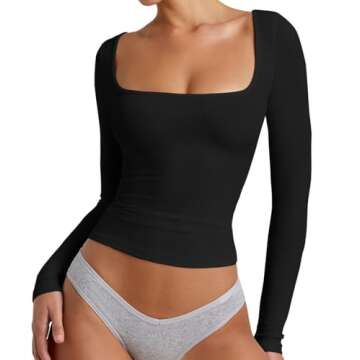 YFANG Women's Sexy Square Neck Long Sleeve Ribbed Kint T Shirts Casual Solid Slim Fitted Going Out T...