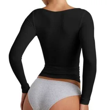 YFANG Women's Sexy Square Neck Long Sleeve Ribbed Kint T Shirts Casual Solid Slim Fitted Going Out Tops Black Large