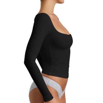 YFANG Women's Sexy Square Neck Long Sleeve Ribbed Kint T Shirts Casual Solid Slim Fitted Going Out Tops Black Large