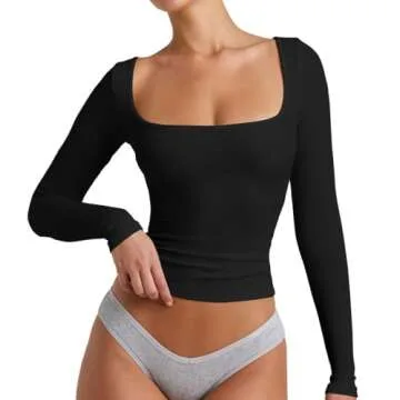 YFANG Women's Sexy Square Neck Long Sleeve Ribbed Kint T Shirts Casual Solid Slim Fitted Going Out Tops Black Large
