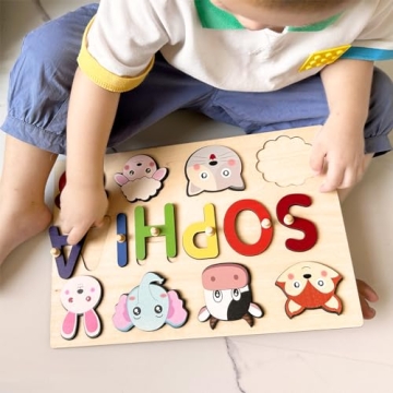 OELTTG Name Puzzle for Kids Personalized, Montessori Learning Toys for 1 Year Old Boy Girl, Custom Puzzles with Engraved Text on Back, Personalized Baby Easter Gifts
