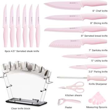 Astercook Kitchen Knife Set with Block and Sharpener 22 Piece German High Carbon Stainless Steel Knives Sharp Blade Dishwasher Safe Knife Set with Anti-slip Ergonomic Handle, Crystal Pink