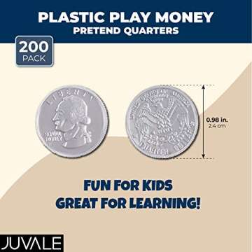 Juvale Play Money for Kids, Quarter Pretend Coins for Math, Change Making (0.98 in, 200 Count)
