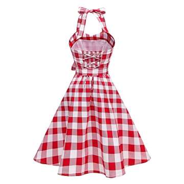 Topdress Women's Vintage Polka Audrey Dress 1950s Halter Retro Cocktail Dress Red White Plaid Large