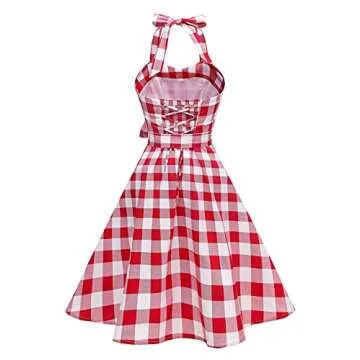 Topdress Women's Vintage Polka Audrey Dress 1950s Halter Retro Cocktail Dress Red White Plaid Large