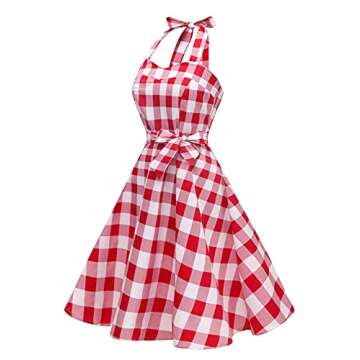 Topdress Women's Vintage Polka Audrey Dress 1950s Halter Retro Cocktail Dress Red White Plaid Large