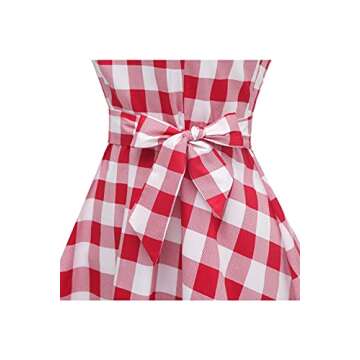 Topdress Women's Vintage Polka Audrey Dress 1950s Halter Retro Cocktail Dress Red White Plaid Large