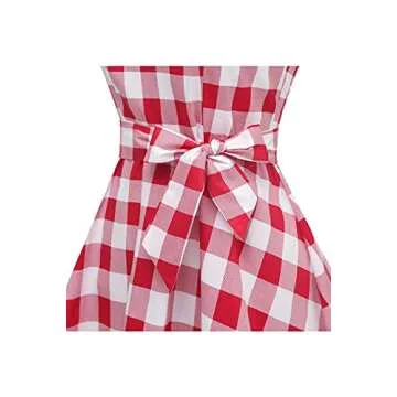 Topdress Women's Vintage Polka Audrey Dress 1950s Halter Retro Cocktail Dress Red White Plaid Large