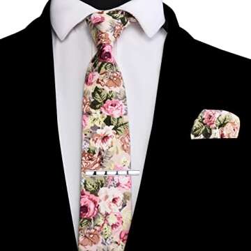 GUSLESON Mens Beige Cotton Ties for Wedding Slim Floral Tie Skinny Necktie and Pocket Square Clip Se...