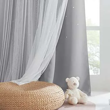 PONY DANCE Blackout Curtains for Nursery - Stars Cutout Decor for Bedroom Aesthetic Window Treatment Double Layer Drapes Sheer Overlay, W 52 x L 84 Inches, Silver Grey, 2 Panels