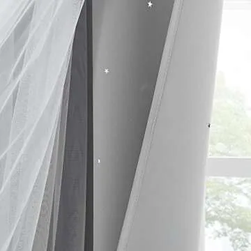 PONY DANCE Blackout Curtains for Nursery - Stars Cutout Decor for Bedroom Aesthetic Window Treatment Double Layer Drapes Sheer Overlay, W 52 x L 84 Inches, Silver Grey, 2 Panels