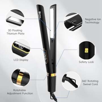 Nicebay® Titanium Flat Iron with Negative Ions, 5 Temperature Settings, Wide Voltage for Travel - Straightener and Curler for Fast Heating Hair Care