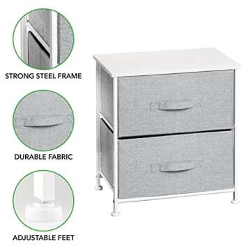 mDesign Storage Dresser End/Side Table Night Stand Furniture Unit - Small Standing Organizer for Bedroom, Office, Living Room, and Closet - 2 Drawer Removable Fabric Bins - Gray/White