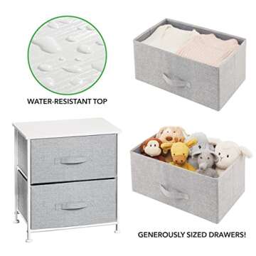 mDesign Storage Dresser End/Side Table Night Stand Furniture Unit - Small Standing Organizer for Bedroom, Office, Living Room, and Closet - 2 Drawer Removable Fabric Bins - Gray/White