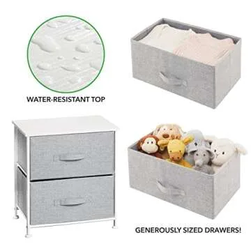 mDesign Storage Dresser End/Side Table Night Stand Furniture Unit - Small Standing Organizer for Bedroom, Office, Living Room, and Closet - 2 Drawer Removable Fabric Bins - Gray/White