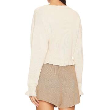 Meladyan Women’s Vintage Flower Slit Sweater Top Sexy Deep V Neck Knit Crop Tops Long Sleeve Y2K Fall Winter Going Out Top Beige