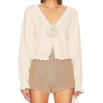 Meladyan Women’s Vintage Flower Slit Sweater Top Sexy Deep V Neck Knit Crop Tops Long Sleeve Y2K Fall Winter Going Out Top Beige