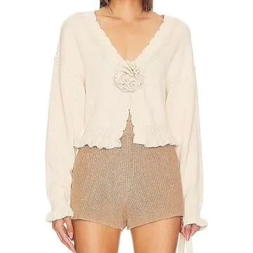 Meladyan Women’s Vintage Flower Slit Sweater Top Sexy Deep V Neck Knit Crop Tops Long Sleeve Y2K Fall Winter Going Out Top Beige