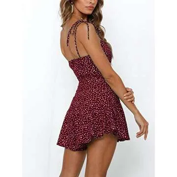 Jeanewpole1 Womens Summer Spaghetti Strap Jumpsuit Casual Flower Printed Beach Short Romper Wine Red