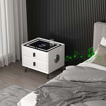 Nightstands with Wireless Charging Station, USB Port, 3 Color LED Lights and Speaker, Modern Wooden ...