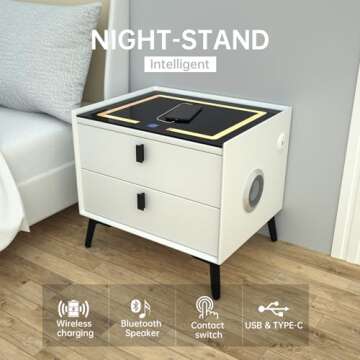 Nightstands with Wireless Charging Station, USB Port, 3 Color LED Lights and Speaker, Modern Wooden End Side Table for Bedroom, Dorm and Living Room, 2 Storage Drawers White-Right