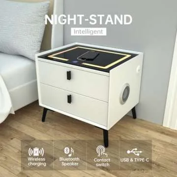 Nightstands with Wireless Charging Station, USB Port, 3 Color LED Lights and Speaker, Modern Wooden End Side Table for Bedroom, Dorm and Living Room, 2 Storage Drawers White-Right