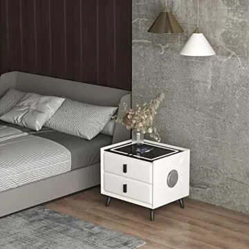 Nightstands with Wireless Charging Station, USB Port, 3 Color LED Lights and Speaker, Modern Wooden End Side Table for Bedroom, Dorm and Living Room, 2 Storage Drawers White-Right