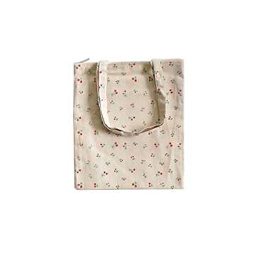 Caixia Women's Cute Cherry Print Canvas Tote Shopping Bag Beige, Zip Closure, Medium