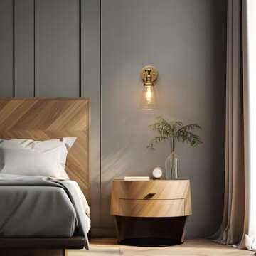 PERMO Industrial Wall Sconce Lighting Hardwired Single Brass Sconce with On Off Switch Funnel Flared Clear Glass Hand Blown Shade (Antique)