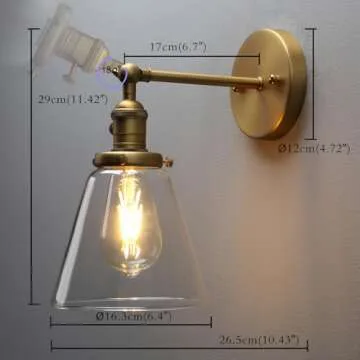 PERMO Industrial Wall Sconce Lighting Hardwired Single Brass Sconce with On Off Switch Funnel Flared Clear Glass Hand Blown Shade (Antique)