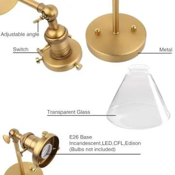 PERMO Industrial Wall Sconce Lighting Hardwired Single Brass Sconce with On Off Switch Funnel Flared Clear Glass Hand Blown Shade (Antique)
