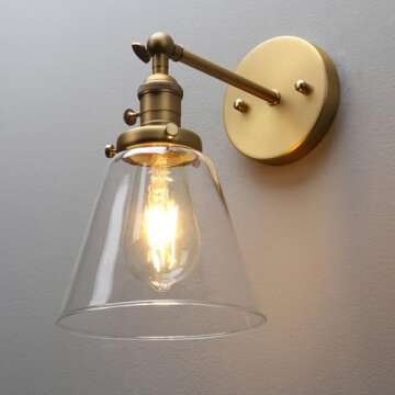 PERMO Industrial Wall Sconce Lighting Hardwired Single Brass Sconce with On Off Switch Funnel Flared Clear Glass Hand Blown Shade (Antique)