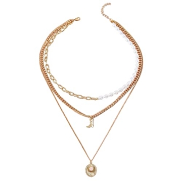 Cowboy Boots Hat Pearl Necklace Layer Western Jewelry for Women Cowgirl Charms Chain Necklace Gifts