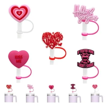 10mm Silicone Heart Straw Covers for Stanley 40&30 Oz Tumbler, Cute Silicone Straws Tips Cover Reusable,Food Grade Heart Straw Covers Cap for Dust Proof Plugs, Straw Tips for Kids Party Favors-5 Pcs