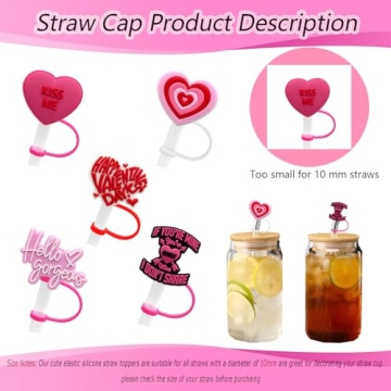 10mm Silicone Heart Straw Covers for Stanley 40&30 Oz Tumbler, Cute Silicone Straws Tips Cover Reusable,Food Grade Heart Straw Covers Cap for Dust Proof Plugs, Straw Tips for Kids Party Favors-5 Pcs