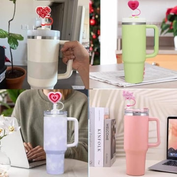 10mm Silicone Heart Straw Covers for Stanley 40&30 Oz Tumbler, Cute Silicone Straws Tips Cover Reusable,Food Grade Heart Straw Covers Cap for Dust Proof Plugs, Straw Tips for Kids Party Favors-5 Pcs