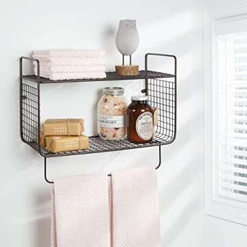 mDesign Steel Wall Mount Storage Organizer Shelf Rack with Towel Bar - Mounted Shelves for Bathroom, Laundry Room, Kitchen, Garage - Basket for Hand Towels, Washcloth - Concerto Collection - Bronze