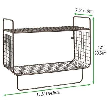 mDesign Steel Wall Mount Storage Organizer Shelf Rack with Towel Bar - Mounted Shelves for Bathroom, Laundry Room, Kitchen, Garage - Basket for Hand Towels, Washcloth - Concerto Collection - Bronze