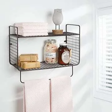 mDesign Steel Wall Mount Storage Organizer Shelf Rack with Towel Bar - Mounted Shelves for Bathroom, Laundry Room, Kitchen, Garage - Basket for Hand Towels, Washcloth - Concerto Collection - Bronze