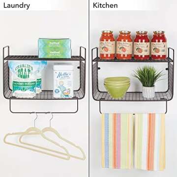mDesign Steel Wall Mount Storage Organizer Shelf Rack with Towel Bar - Mounted Shelves for Bathroom, Laundry Room, Kitchen, Garage - Basket for Hand Towels, Washcloth - Concerto Collection - Bronze