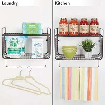 mDesign Steel Wall Mount Storage Organizer Shelf Rack with Towel Bar - Mounted Shelves for Bathroom, Laundry Room, Kitchen, Garage - Basket for Hand Towels, Washcloth - Concerto Collection - Bronze