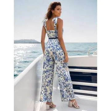 Floerns Women's 2 Piece Summer Outfit Floral Print Knot Shoulder Zip Back Crop Cami Top and Maxi Pants Set Light Multi Flower Small