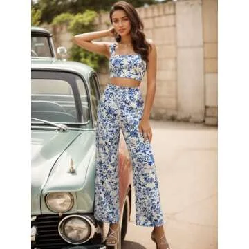 Floerns Women's 2 Piece Summer Outfit Floral Print Knot Shoulder Zip Back Crop Cami Top and Maxi Pants Set Light Multi Flower Small