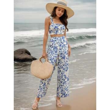 Floerns Women's 2 Piece Summer Outfit Floral Print Knot Shoulder Zip Back Crop Cami Top and Maxi Pants Set Light Multi Flower Small
