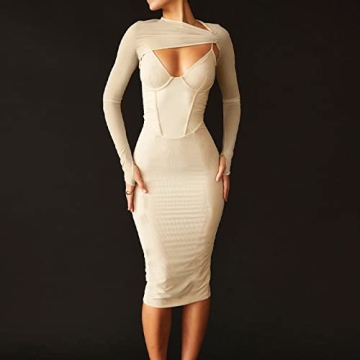 Elainone Sexy Cut Out Front Long Sleeve Pencil Dress for Women Bodycon Keyhole Bandage Party Night Out Midi Dress Clubwear Khaki S